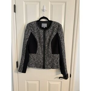 Classiques Entier Black/White Tweed Wool Blend Jacket Blazer Leather Trim Large